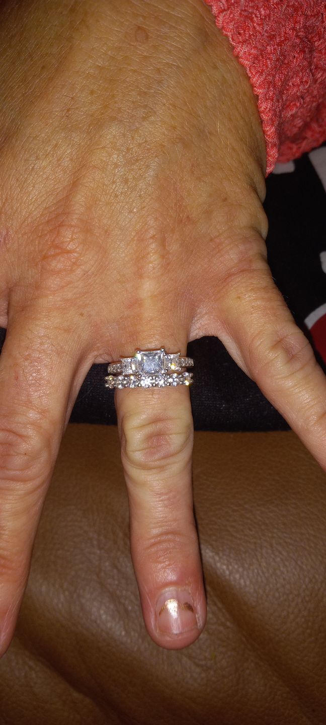 Customer photo review of Three Stone Princess Cut Moissanite Pavé Set Engagement Ring