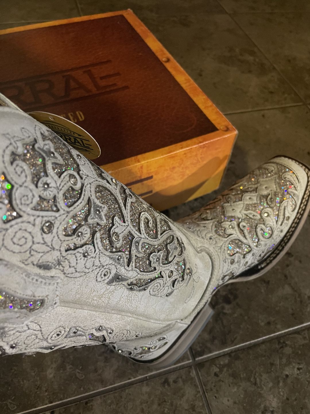 Customer photo review of Corral Ladies Eliza White Glitter Inlay & Crystals Wedding Boot A3397
