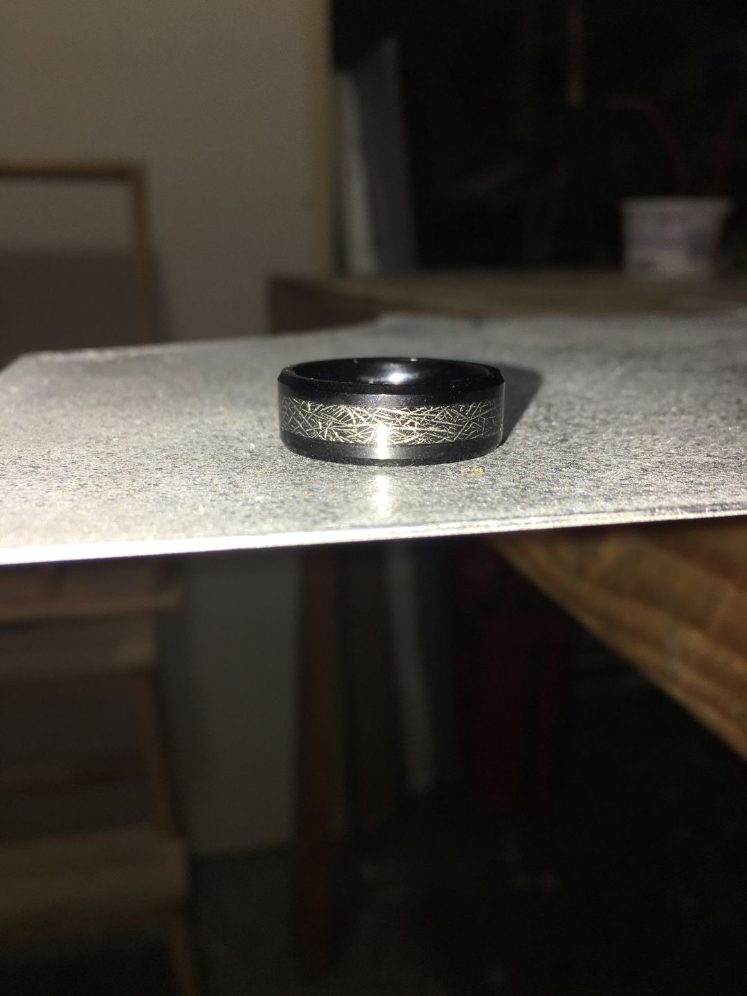 Customer photo review of 8mm - Tungsten wedding Rings W/ Black Meteorite Inlay Beveled Edges