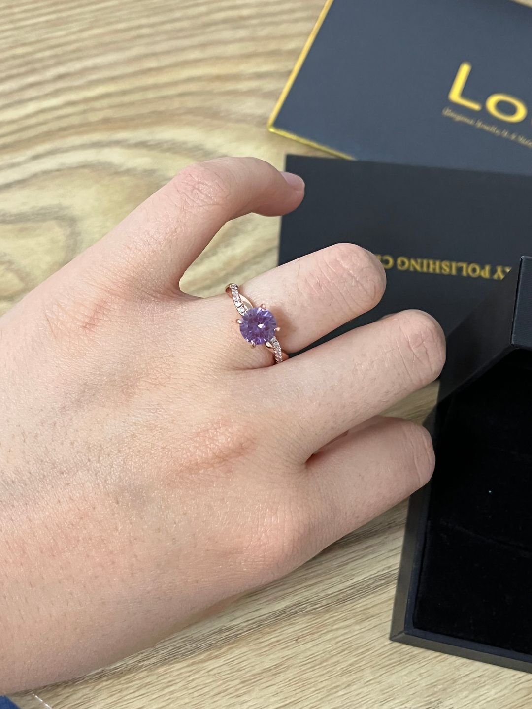 Customer photo review of Louily Rose Gold Twist Round Cut Amethyst Purple Promise Ring For Her