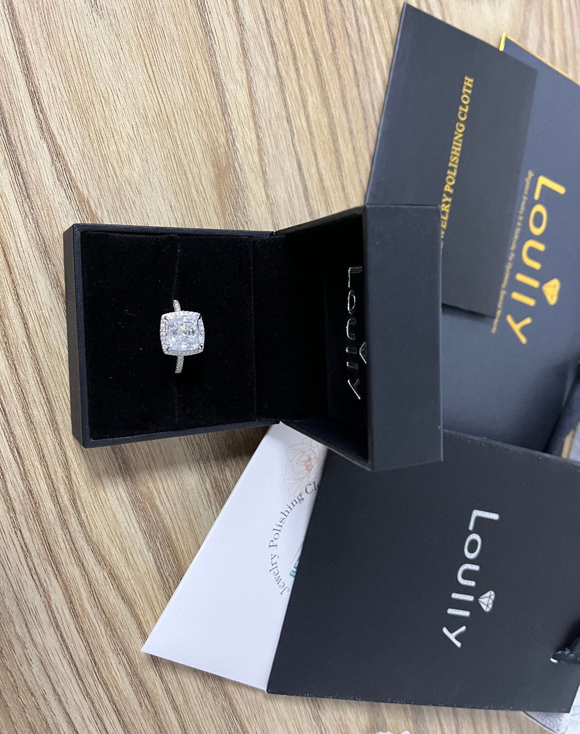Customer photo review of Louily Halo Cushion Cut Engagement Ring In Sterling Silver