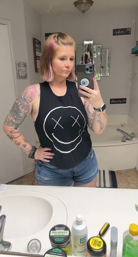 Customer photo review of Salty Savage™ Ladies OG Smile Flowy Crop Top | Black