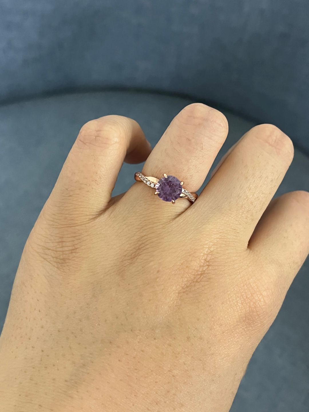 Customer photo review of Louily Rose Gold Twist Round Cut Amethyst Purple Promise Ring For Her