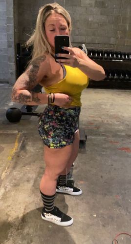 Customer photo review of Salty Savage™ Ladies Mid Rise Booty Scrunch Training Shorts | Wet Suit Performance | Paint Splattered Checkerboard