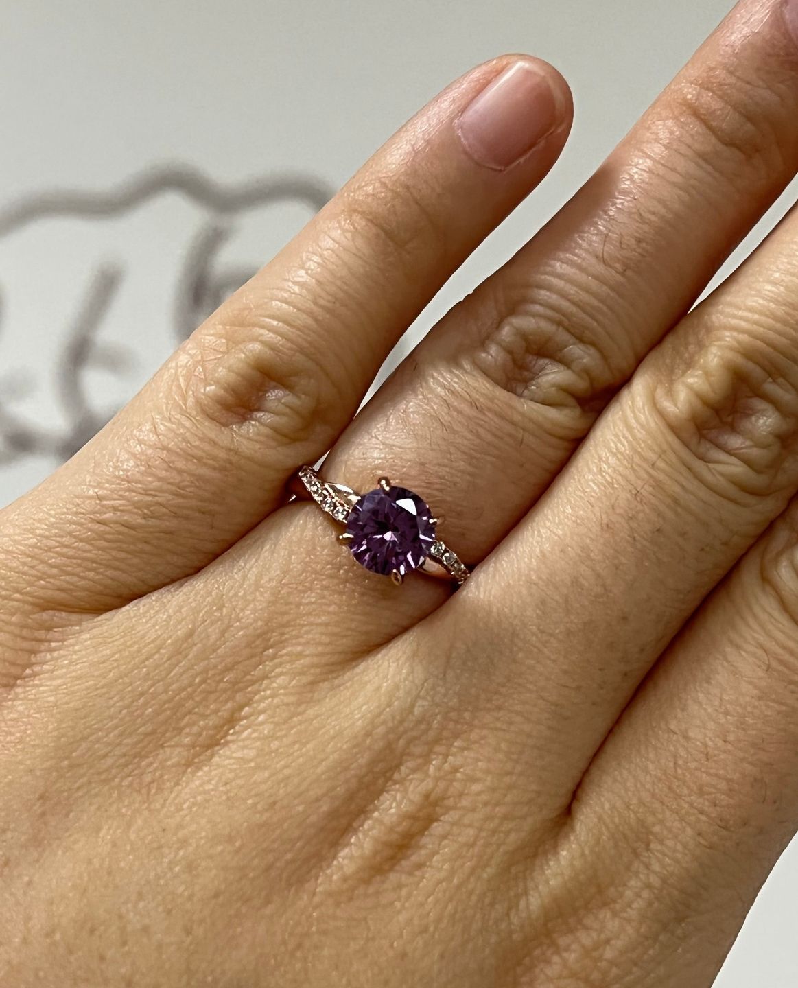 Customer photo review of Louily Rose Gold Twist Round Cut Amethyst Purple Promise Ring For Her