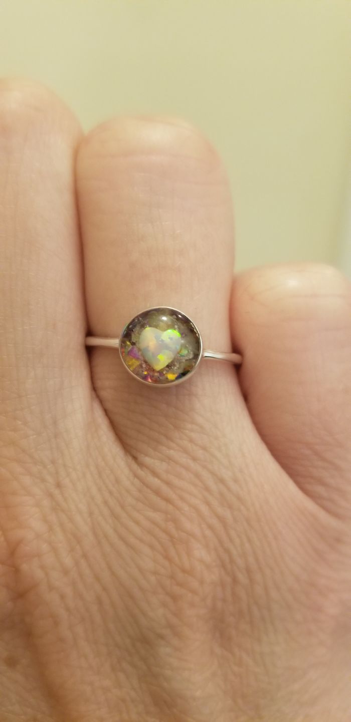 Customer photo review of Opal Heart Ring with Cremation Ashes