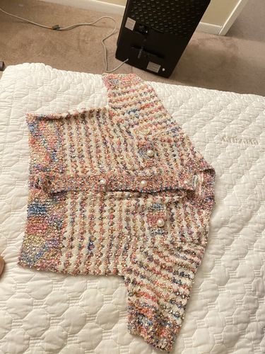 Customer photo review of Multicolor Contrast Trim Faux Pearl Button Tweed Cardigan (PRE-ORDER)