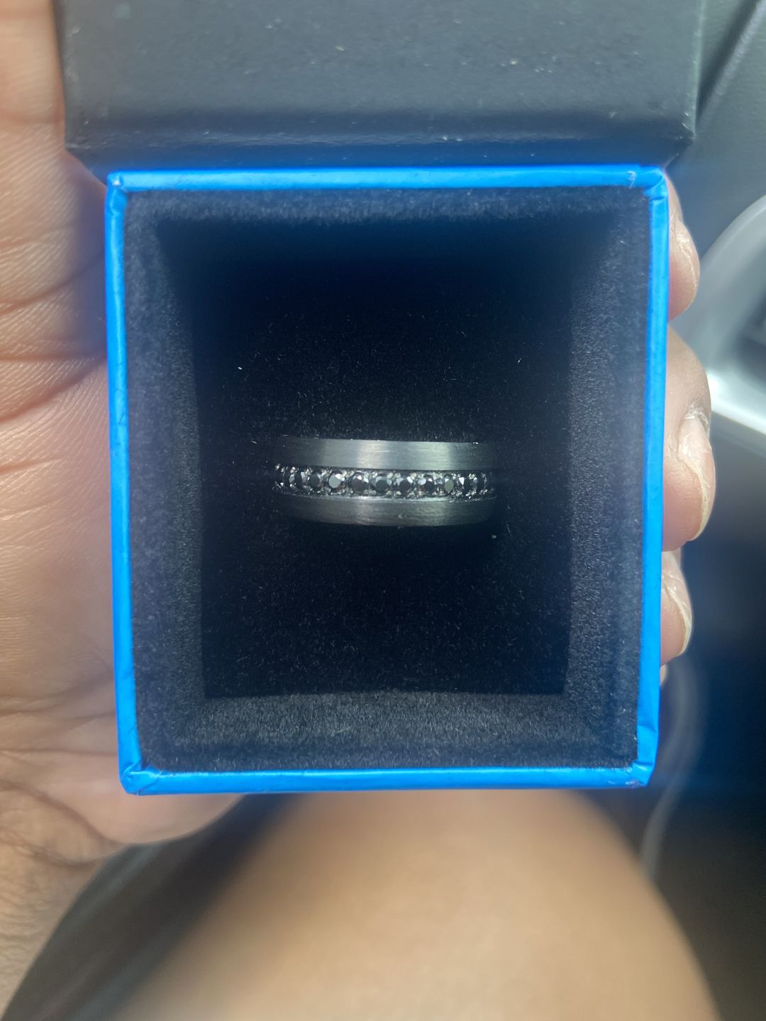 Customer photo review of 8mm Black Tungsten Wedding Band with Black Sapphires