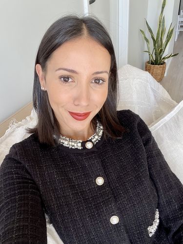 Customer photo review of Faux Pearl Decor Tweed Knitted Cardigan