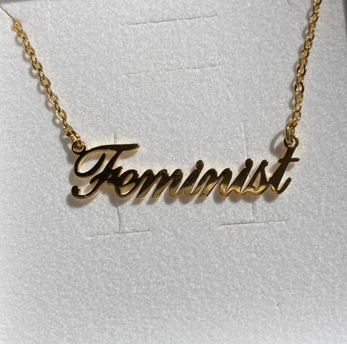 Customer photo review of Feminist Script Necklace (Gold)