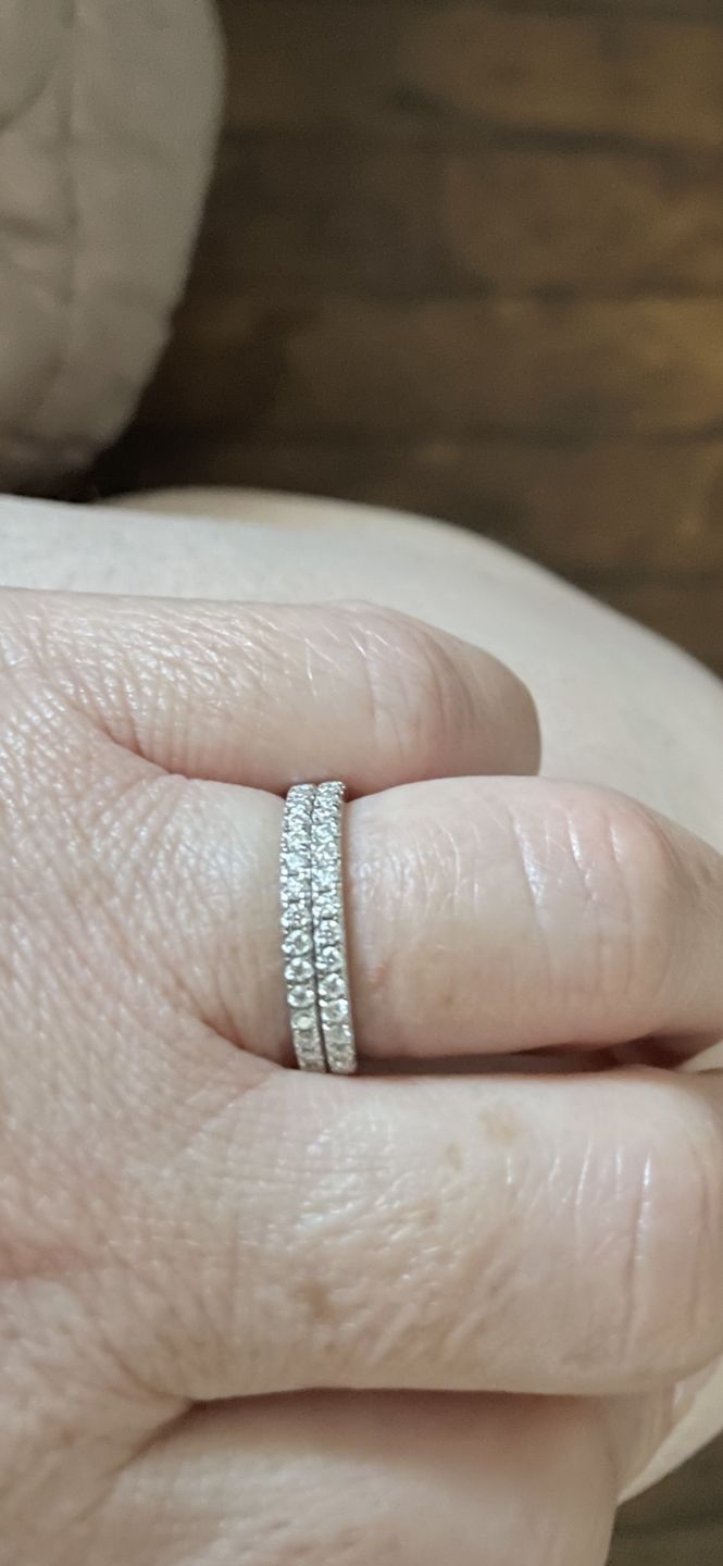 Customer photo review of Moissanite Round Half Eternity Sterling Silver Wedding Band Stackable Ring
