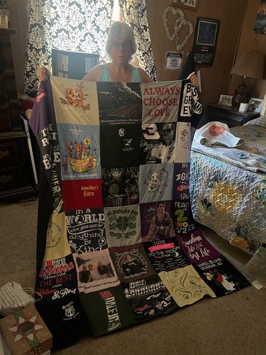 T-shirt quilt with family values, kindness themes by Maria from NJ