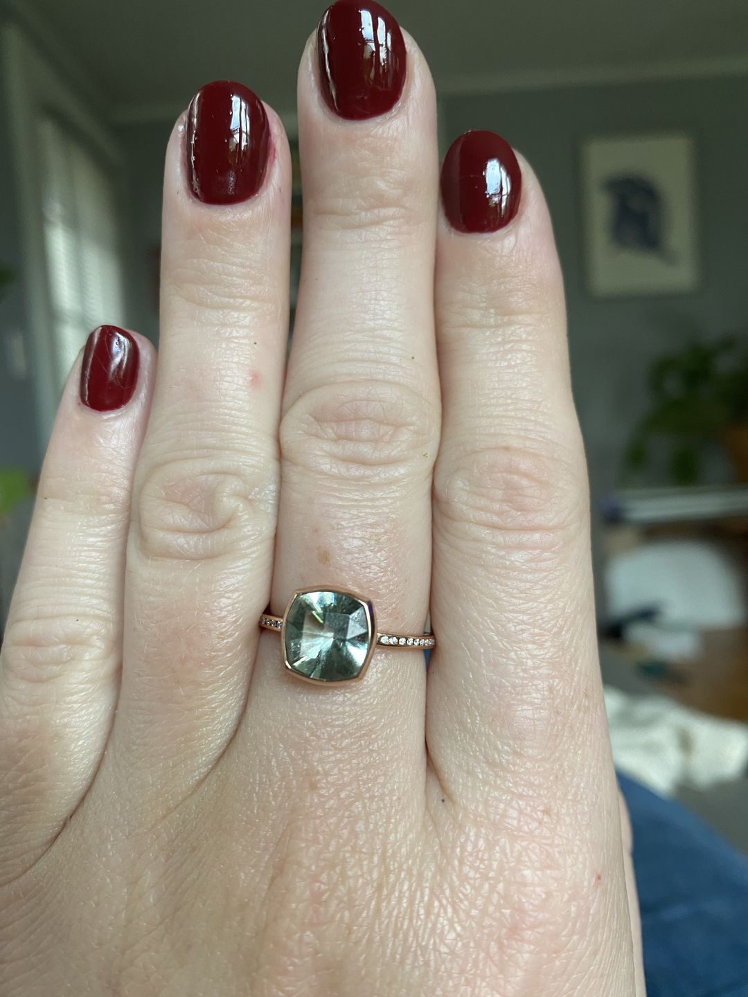 Customer photo review of Payment Plan Listing for Heather - Prasiolite and Diamond Rose Gold Bezel/Channel Ring