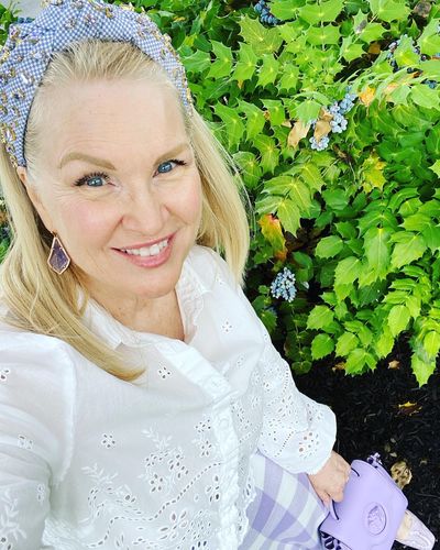 Customer photo review of PERIWINKLE CHECK CANDY JEWELED KNOTTED HEADBAND