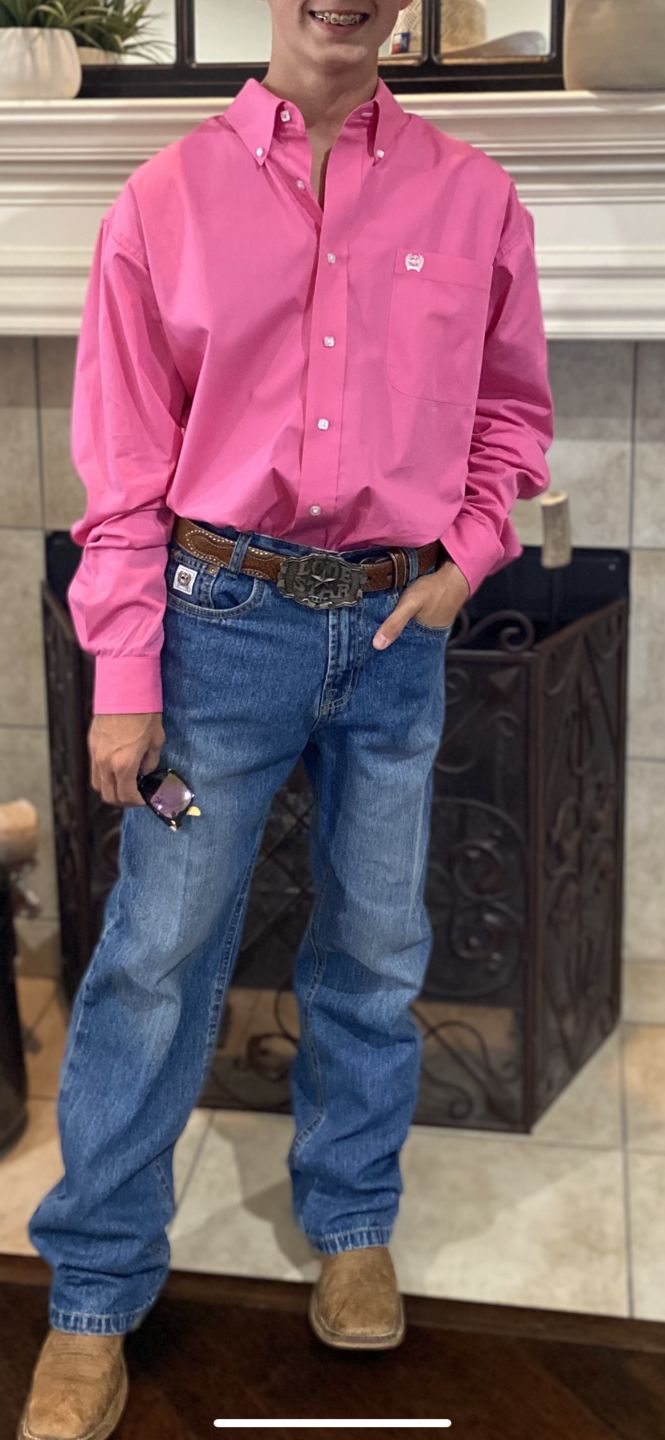 Customer photo review of Cinch Men's Western Solid Pink Button-Down Shirt MTW1103320