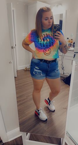 Customer photo review of Salty Savage™ Ladies “CHOOSING VIOLENCE TODAY” Spiral Tie Dye Crop Tee | Neon Tie Dye