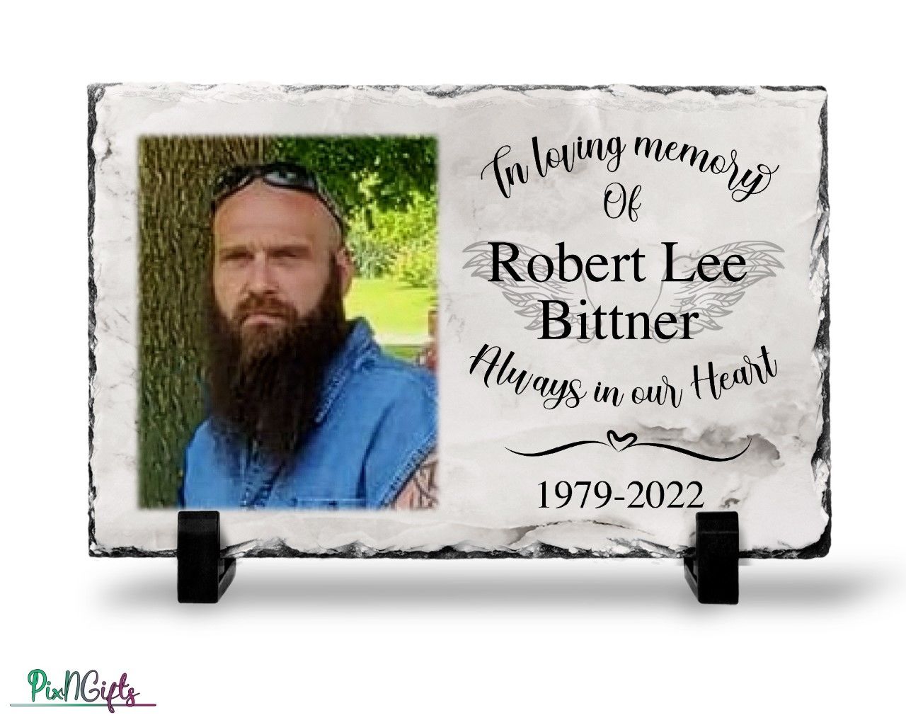 Customer photo review of In Loving Memory Memorial plaque, Personalized Loss of loved one, Sympathy Gift, Rest in peace, Photo Slate plaque, Remembrance, Celebration of life gift