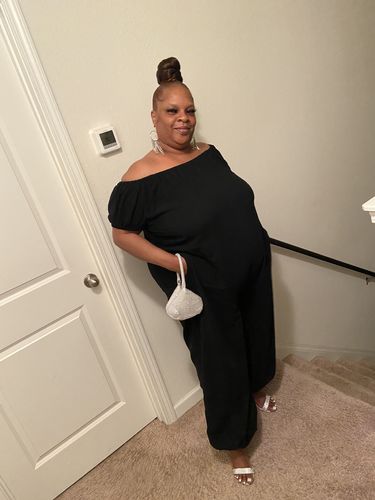 Customer photo review of Plus Size Solid Off The Shoulder Pocket Jumpsuit