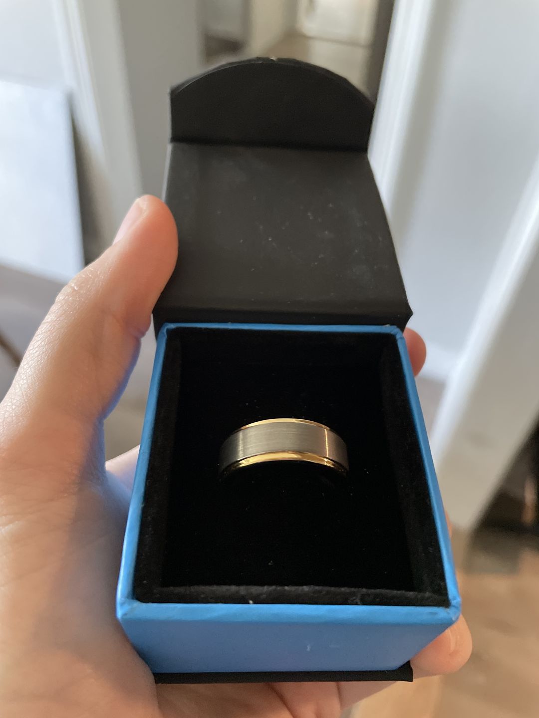 Customer photo review of 8mm Silver and Gold Brushed Tungsten Carbide Wedding Band