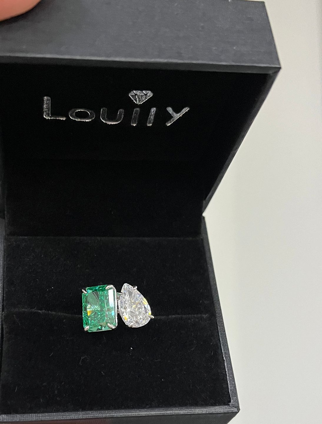 Customer photo review of Louily Unique Double Stones Design Radiant & Pear Cut Engagement Ring In Sterling Silver