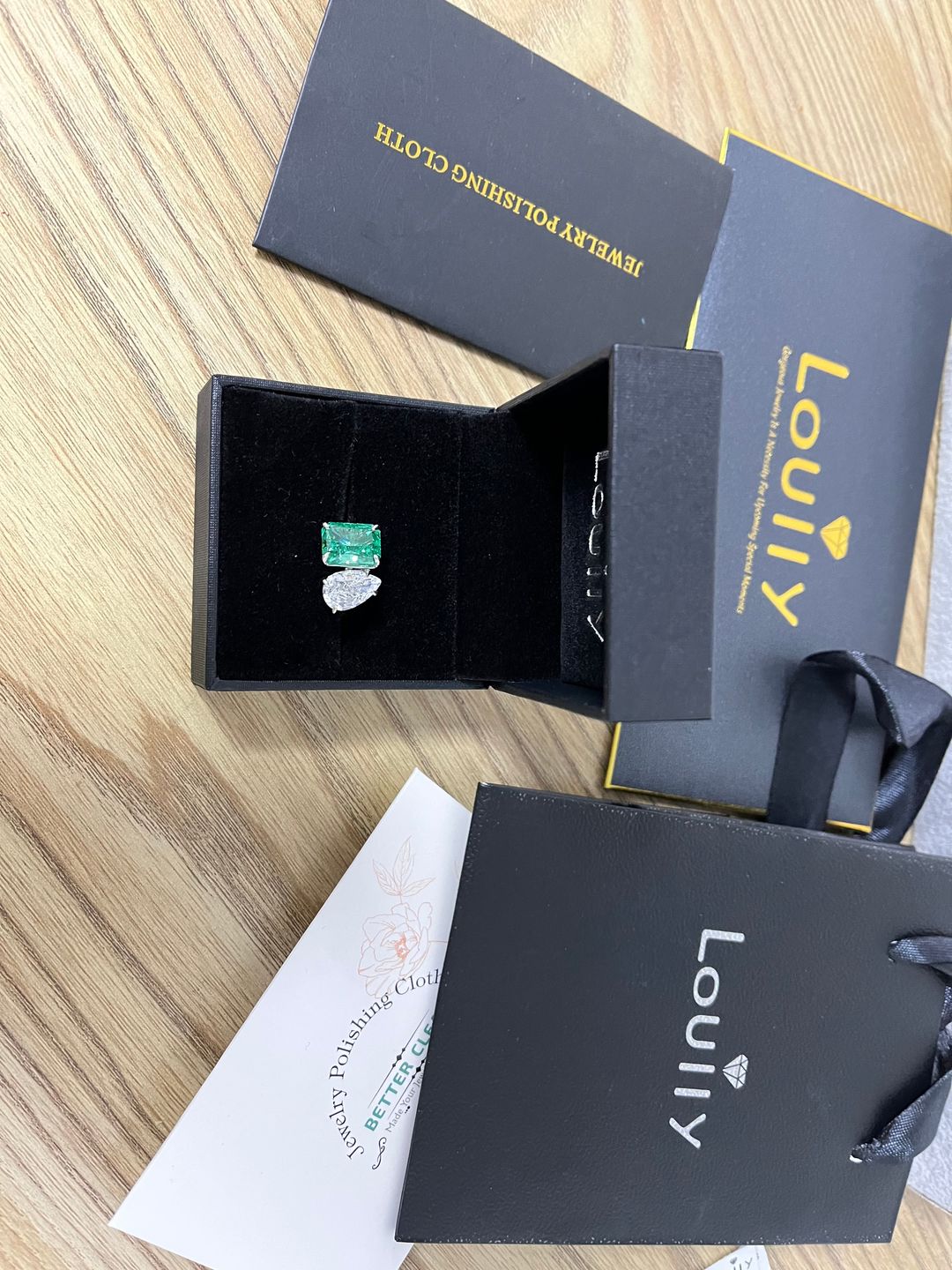 Customer photo review of Louily Unique Double Stones Design Radiant & Pear Cut Engagement Ring In Sterling Silver