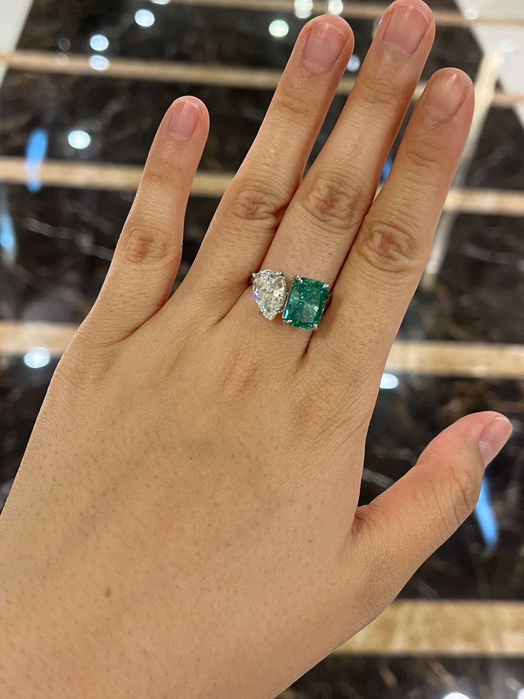 Customer photo review of Louily Unique Double Stones Design Radiant & Pear Cut Engagement Ring In Sterling Silver