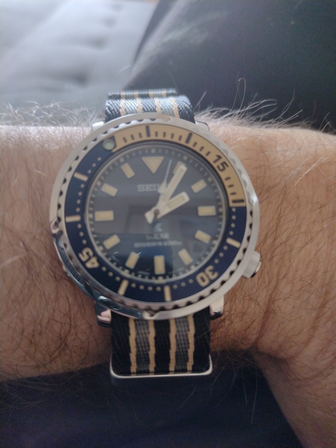 Customer photo review of Premium Woven NATO Watch Strap - Black, Grey and Beige (No Time To Die Strap)