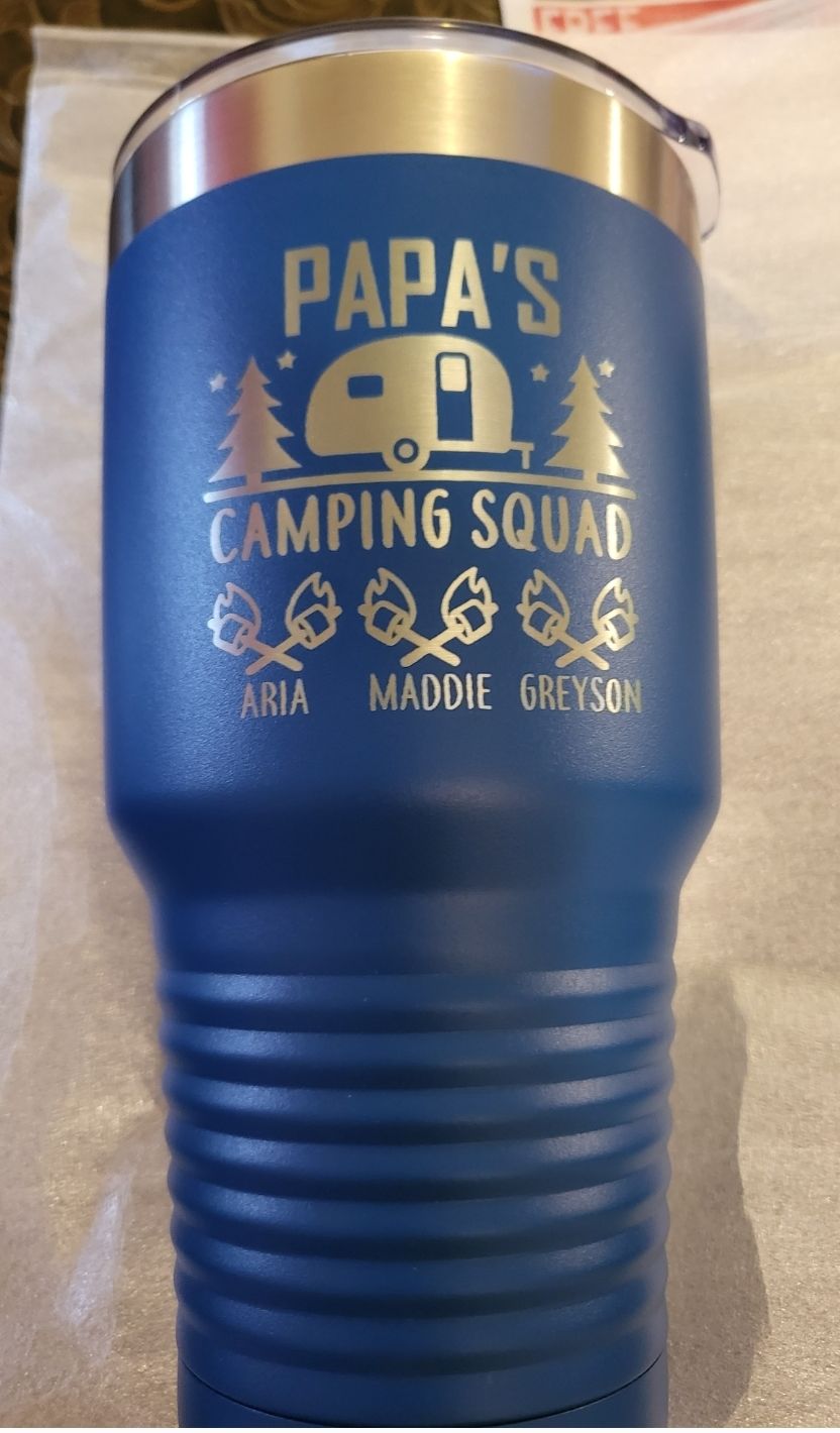 Customer photo review of Camping Squad (CUSTOM) With Child's Name Engraved Tumblers
