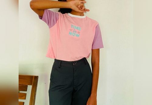 Customer photo review of Time is Now Embroidered Crop T Shirt