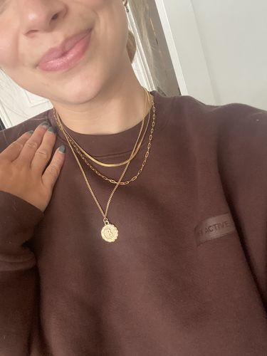 Customer photo review of herringbone + paperclip + goddess initial necklace layering set