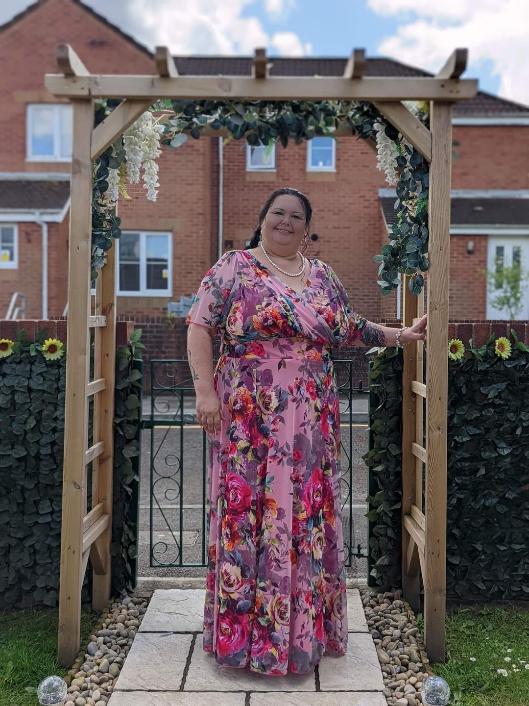 Customer photo review of Isabelle Pink Cerise Print Float Sleeve Maxi Dress