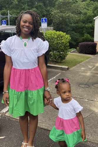 Customer photo review of Youth Fluttered Pink Green Dress
