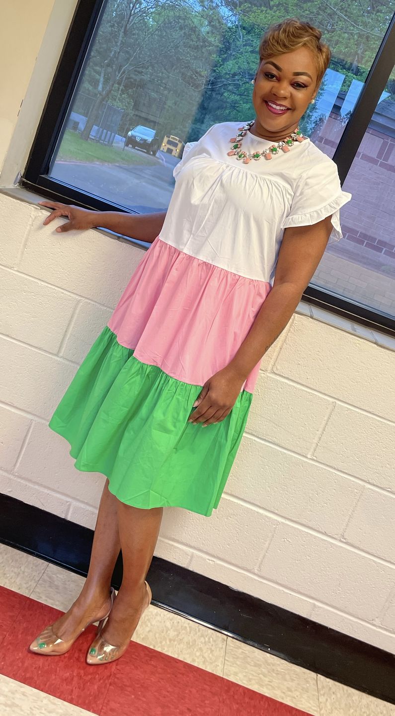 Customer photo review of Youth Fluttered Pink Green Dress