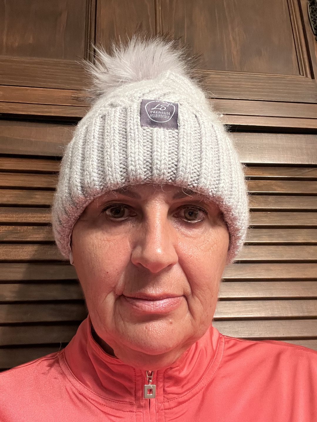 Customer photo review of Mulberry Silk Lined Cashmere Beanie Hat With Removable Pom Pom