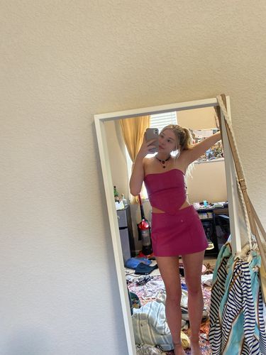 Customer photo review of SOLADO PU Leather Hanky Hem Tube Crop Top