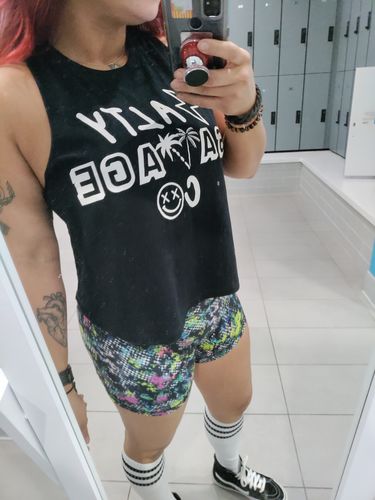 Customer photo review of Salty Savage™ Ladies Mid Rise Booty Scrunch Training Shorts | Wet Suit Performance | Paint Splattered Checkerboard