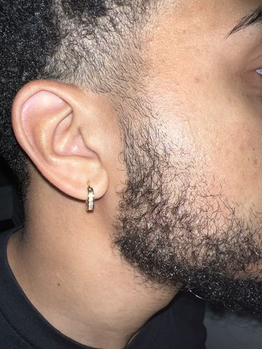 Customer photo review of 18k Gold Finish Iced CZ Mini Hoop Earrings for Men