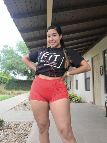 Customer photo review of Salty Savage™ Ladies Mid Rise Booty Scrunch Training Shorts | Wet Suit Performance | Blood Red