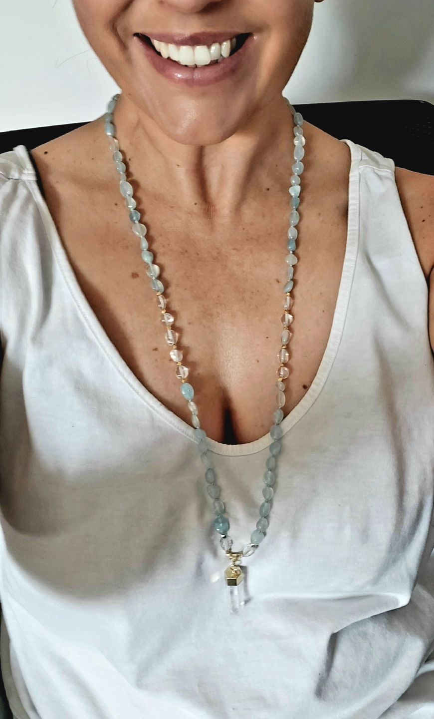 Customer photo review of Natural Aquamarine & Clear Quartz Gemstone Necklace