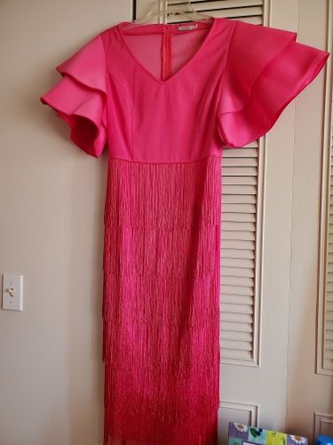 Customer photo review of Rose Red Ruffle Sleeve Cute Tiered Tassel Midi Dress
