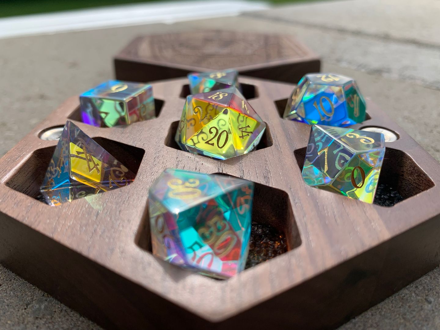Customer photo review of URWizards D&D Dichroic Prism Glass Gemstone Engraved Dice Set