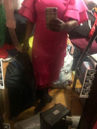 Customer photo review of Rose Red Ruffle Sleeve Cute Tiered Tassel Midi Dress