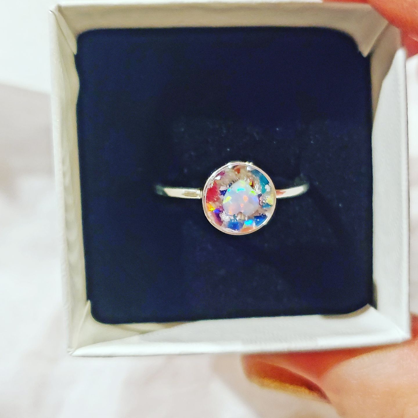 Customer photo review of Opal Heart Ring with Cremation Ashes
