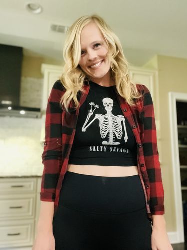 Customer photo review of Salty Savage™ Ladies Peace Palm Tree Skeleton High Neck Sleeveless Crop Tank | Black