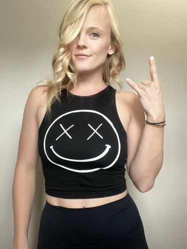 Customer photo review of Salty Savage™ Ladies OG Smile High Neck Sleeveless Crop Tank | Black