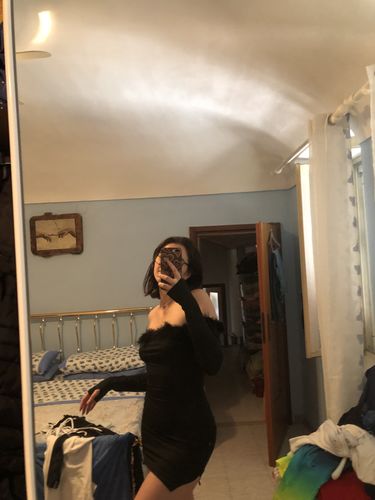 Customer photo review of Feather Trim Off Shoulder Thumb Hole Mini Dress