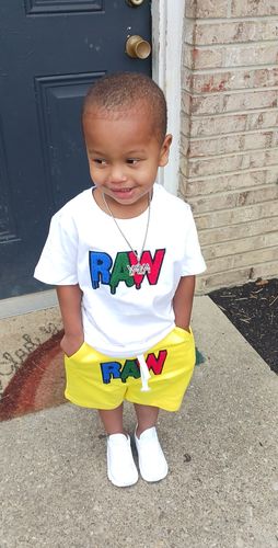 Customer photo review of Kids RAW Drift Chenille Crew Neck and Cotton Shorts Set - White Tees / Yellow Shorts