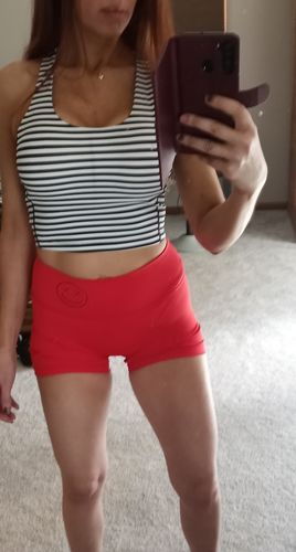 Customer photo review of Salty Savage Ladies Mid Rise Booty Scrunch Training Shorts | Wet Suit Performance | Blood Red