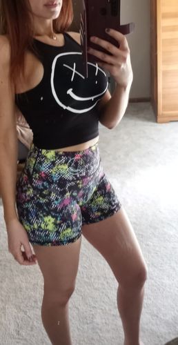 Customer photo review of Salty Savage Ladies Mid Rise Booty Scrunch Training Shorts | Wet Suit Performance | Paint Splattered Checkerboard