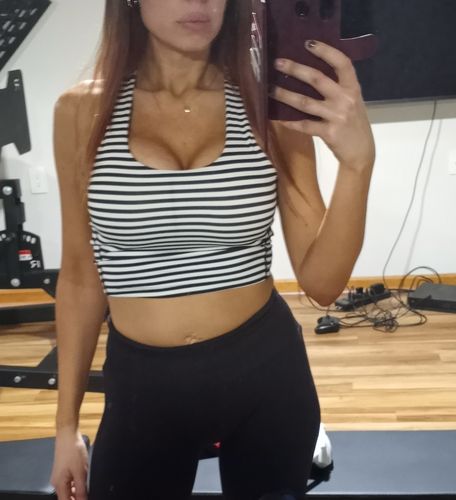 Customer photo review of Salty Savage Ladies Classic Racerback Longline Sports Bra | Black/White Stripes